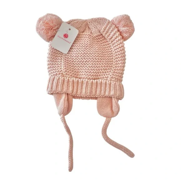 (NWT) Pink Baby Pom-Pom Knit Beanie Winter Hat w/ Earflaps & Tie | 0-1 Years Old - Picture 2 of 6